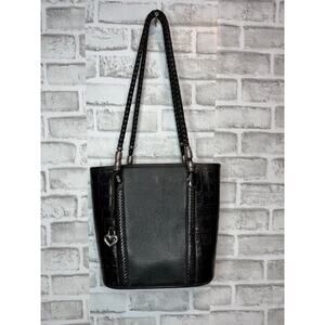 BRIGHTON Vintage Croc Embossed Black Pebble Leather Shoulder Bag